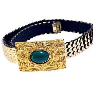 Gold-Tone Vtg  Mermaid Scale Stretch Belt Faux Green Gem Buckle 29" Adjustable